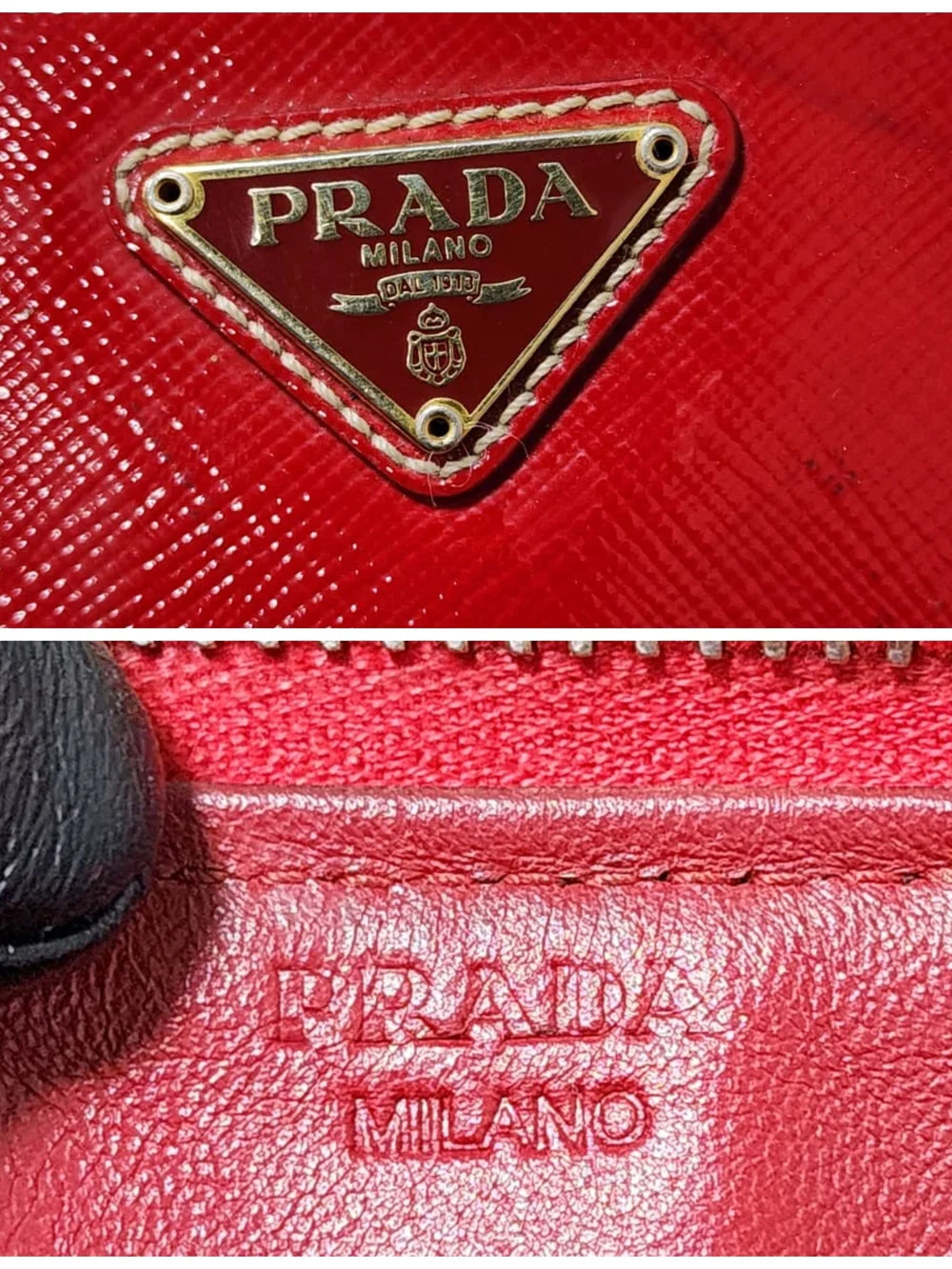 PRADA Patent Saffiano Triangle Large Zip Around Travel Wallet Red
